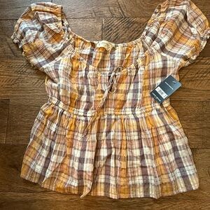 Lucky Brand Plaid Off-Shoulder Blouse in Yellow and Brown
